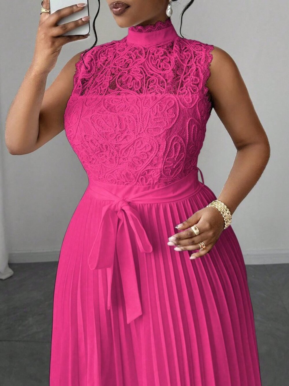 Hot Pink Elegant Women's Plus Size Lace Pleated Waist Sleeveless Dress - Picture 6 of 7